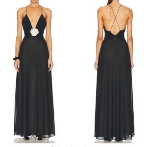 Helsa Sheer Deep V Rosette Long Slip Maxi Dress in Black size Small
